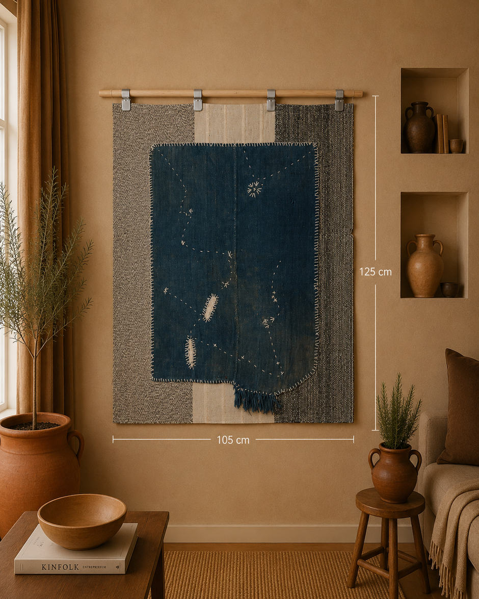 3x4 Handmade Hemp Wool Tapestry Rug, Blue Textile Wall Hanging, Minimalist Fiber Art Decor