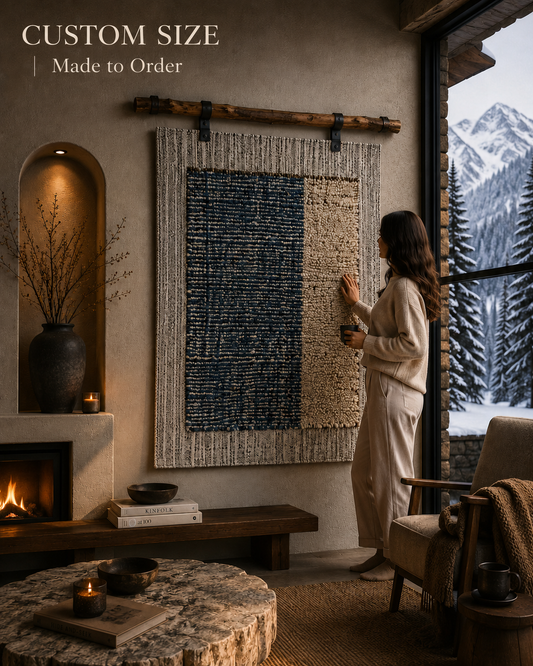 A woman in a beige robe stands beside a large woven wall hanging in a rustic living room. The textile features a dark navy blue textured panel next to a natural beige woven section, suspended from a wooden rod.