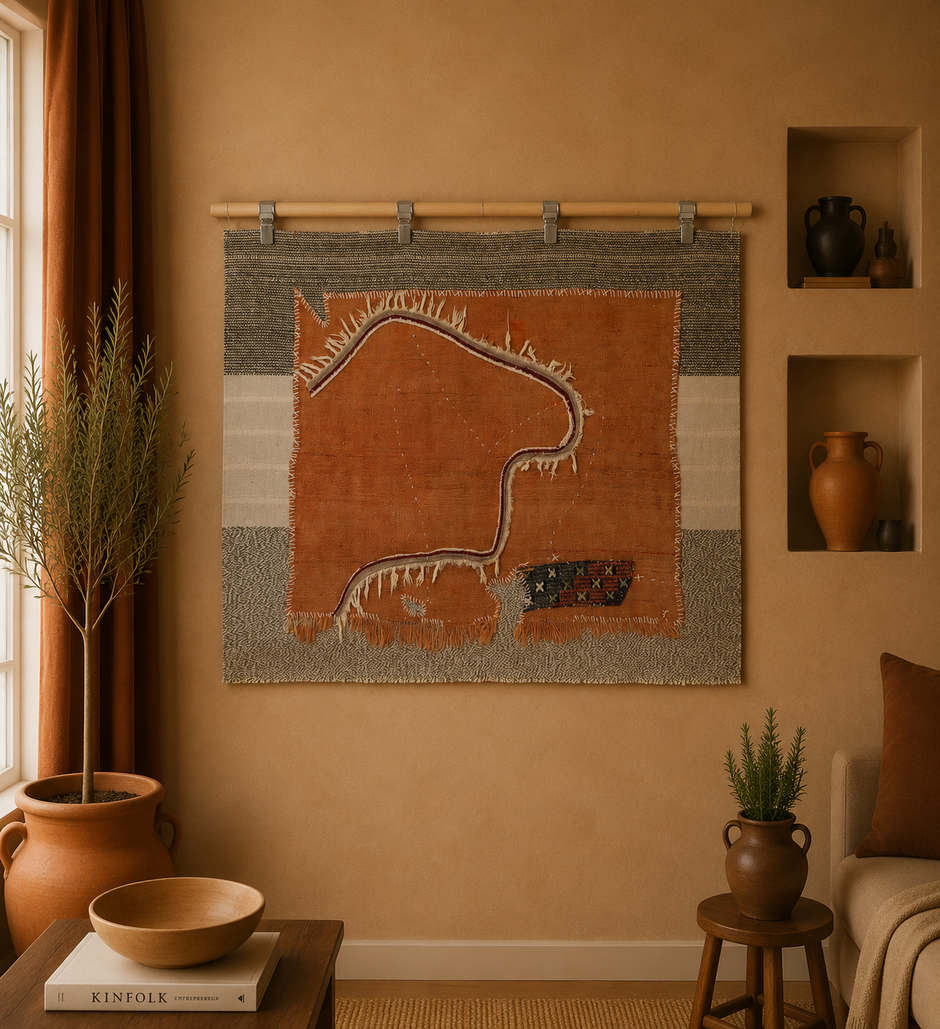 3x4 Handmade Wool Tapestry Rug, Orange Abstract Textile Wall Hanging, Boho Fiber Art Decor