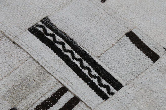 1'11 x 7'10 Vintage Turkish Hemp Patchwork Runner Rug, Black White Minimal Long Hallway Rug