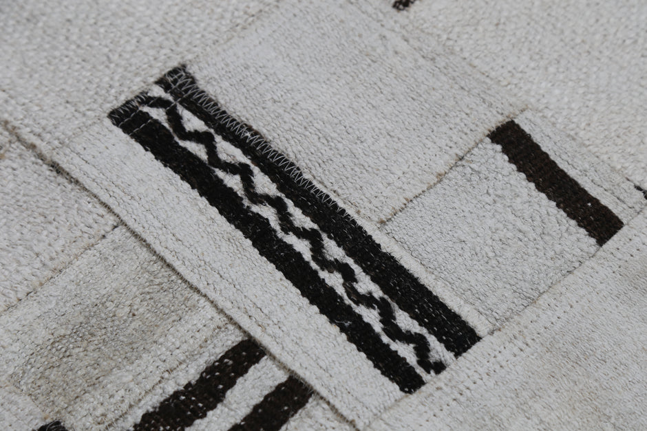 1'11 x 7'10 Vintage Turkish Hemp Patchwork Runner Rug, Black White Minimal Long Hallway Rug