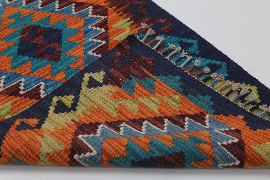 2x3 Vintage Turkish Kilim Rug, Blue Oriental Wool Accent Rug, Handmade Tribal Flatweave Rug