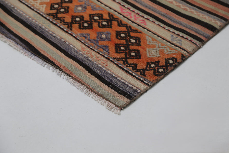 Vintage Turkish Kilim Runner Rug, Handmade Wool Striped Hallway Carpet