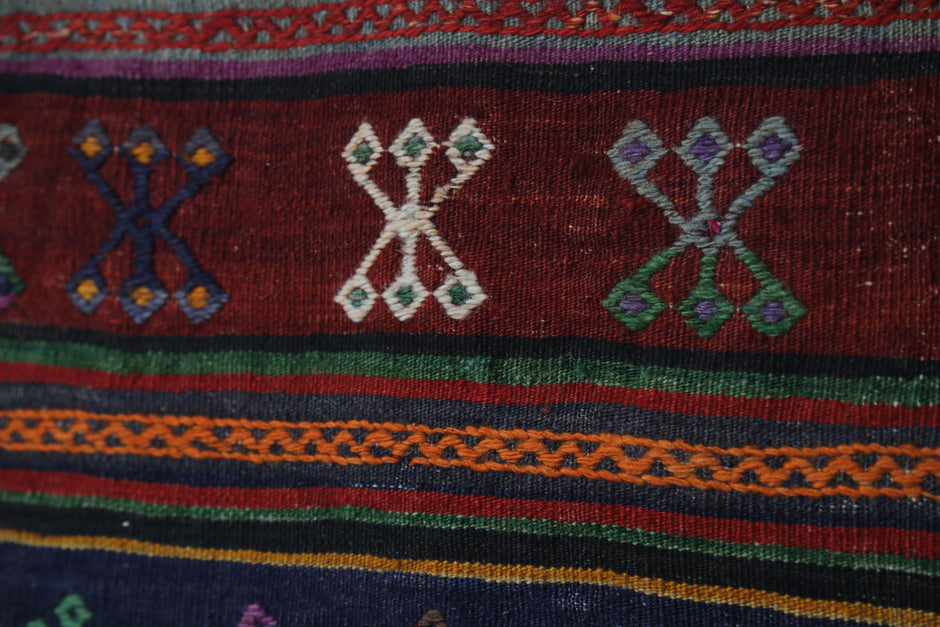 Vintage Turkish Kilim Rug, Handwoven Wool Runner, Red Multicolor Stripes