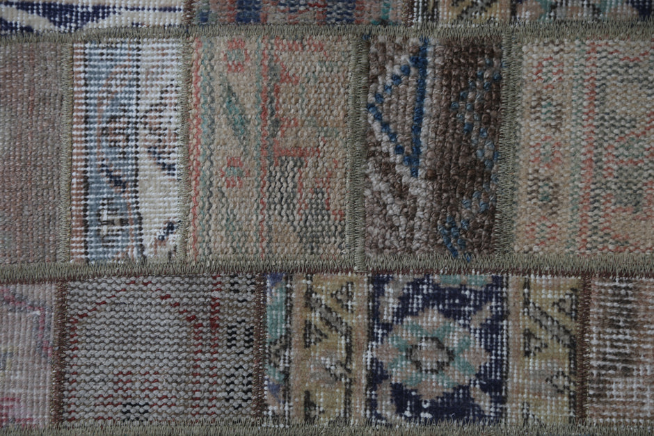 1'11 x 4'1 Vintage Turkish Patchwork Rug, Handmade Wool Cotton Beige Brown Doormat