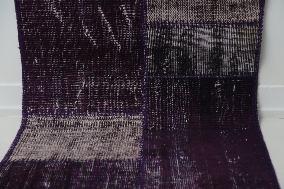 2'3 x 8'4 Vintage Turkish Patchwork Runner Rug, Handmade Wool Cotton Purple Hallway Rug
