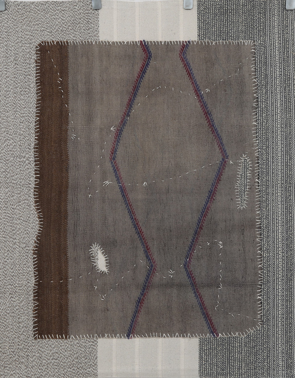 3x4 Handmade Wool Hemp Tapestry Rug, Neutral Geometric Textile Wall Hanging, Rustic Fiber Art Decor