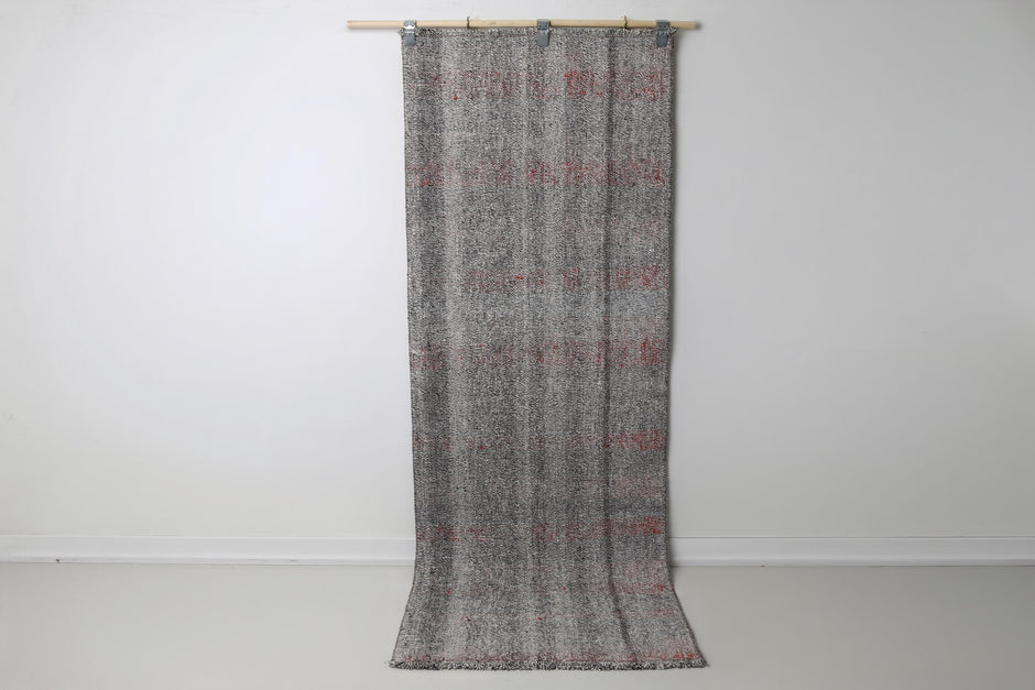 Vintage Turkish Kilim Runner Rug 2'9"x7'6", black white full view