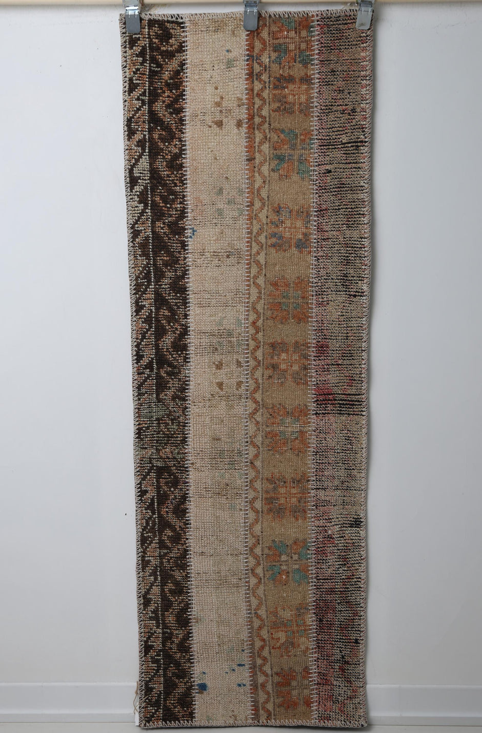 Vintage Turkish Patchwork Runner Rug, Handmade Anatolian Wool Boho Hallway Carpet
