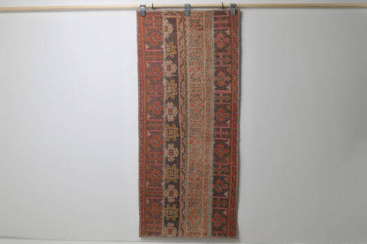Vintage Turkish Patchwork Runner Rug, Handmade Anatolian Wool, Rustic Boho Hallway Kitchen