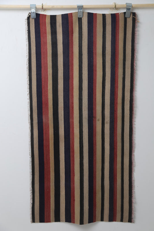 Vintage Striped Wool Kilim Rug, Handmade Anatolian Flatweave, Small Boho Entryway Runner