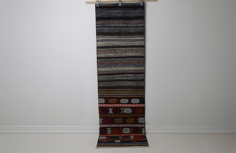Vintage Turkish Kilim Runner Rug, red brown striped full view