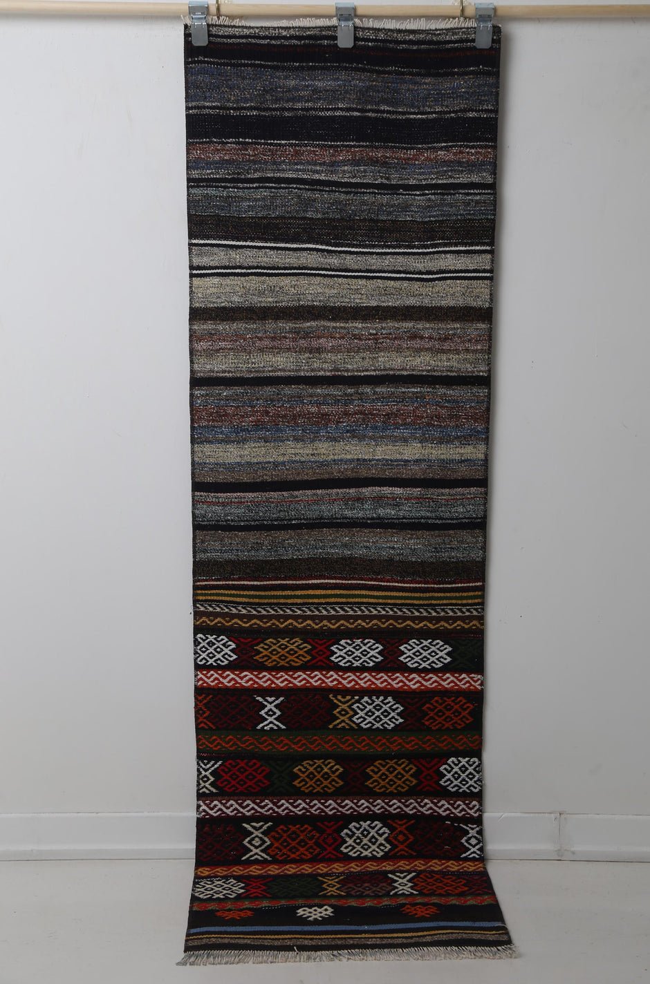 Kilim runner close-up, flatweave construction texture