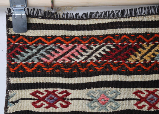 Vintage Turkish Kilim Rug, Handwoven Wool Flatweave Doormat, Multicolor Stripes