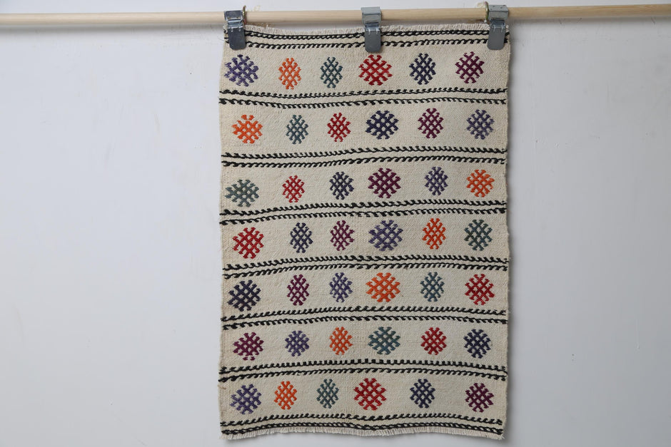 Vintage Turkish Kilim Rug, multicolor oriental doormat full view