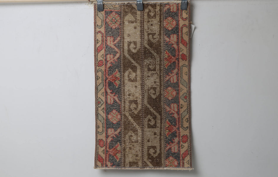Vintage Patchwork Turkish Doormat Rug, beige brown front view