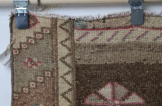 Vintage Wool Oriental Doormat Rug, Brown Beige Small Entryway Accent (1'11" x 3'7")