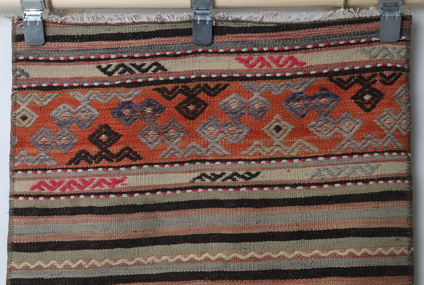 Vintage Turkish Kilim Runner Rug, Handmade Wool Striped Hallway Carpet