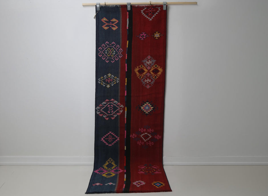 Vintage Turkish Kilim Runner Rug, red brown tribal full view