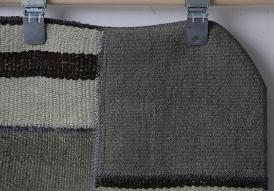 Vintage Turkish Hemp Wool Patchwork Doormat Rug, Green Minimal Rustic Entry Rug