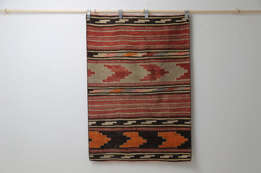 Vintage Turkish Kilim Rug, Handwoven Wool Entryway Doormat, Red Multicolor Stripes