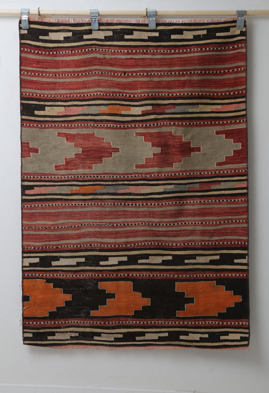 Vintage Turkish Kilim Rug, Handwoven Wool Entryway Doormat, Red Multicolor Stripes