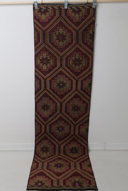 Vintage Turkish Kilim Runner Rug, Handmade Wool Oriental Geometric Hallway Runner