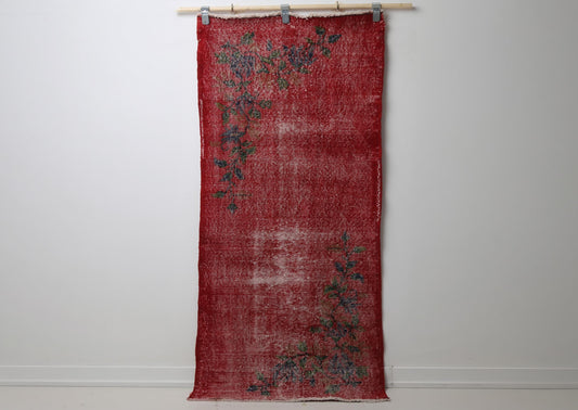 2'10 x 6'1 Vintage Turkish Runner Rug, Red Floral Wool Cotton Hallway Rug