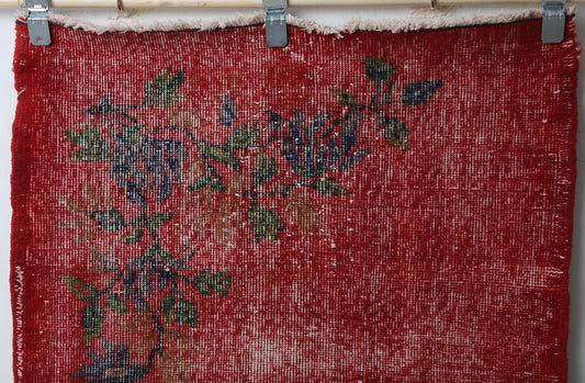 2'10 x 6'1 Vintage Turkish Runner Rug, Red Floral Wool Cotton Hallway Rug