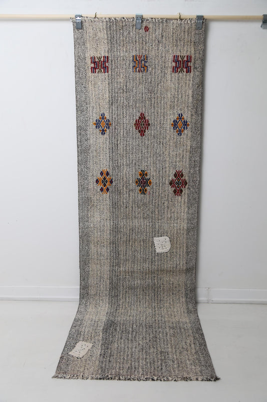 Vintage Turkish Kilim Runner Rug, Beige Black Wool Flatweave Hallway Carpet