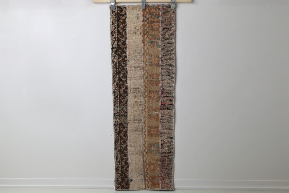 Vintage Turkish Patchwork Runner Rug, Handmade Anatolian Wool Boho Hallway Carpet