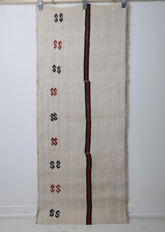 2'4 x 5'11 Vintage Turkish Hemp Runner Rug, Beige Red Black Striped Tribal Hallway Rug
