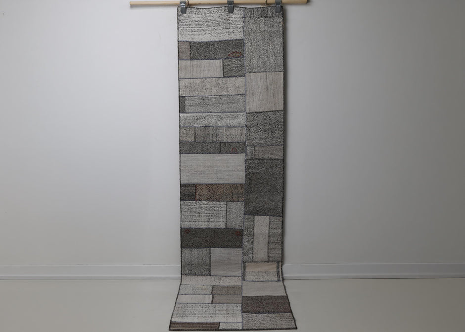 Vintage Patchwork Kilim Runner Rug, multicolor panel full view