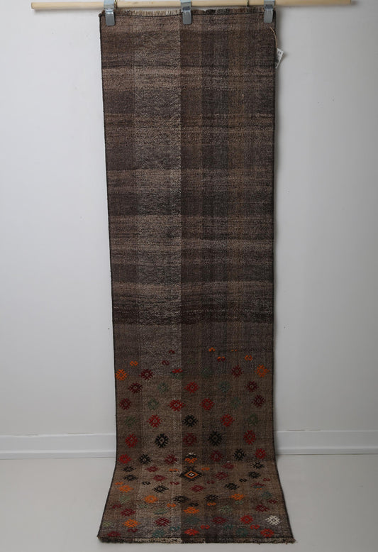 Vintage Turkish Kilim Runner Rug, Handmade Wool Flatweave Brown Minimalist (2'1" x 7'7")