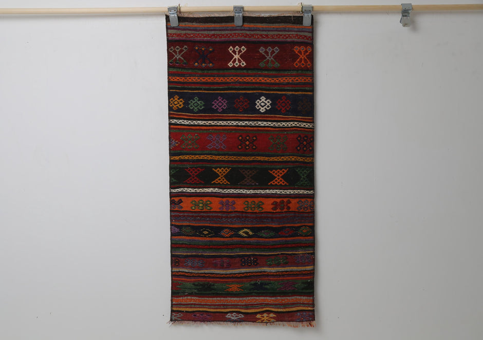 Vintage Turkish Kilim Rug, red multicolor striped full view