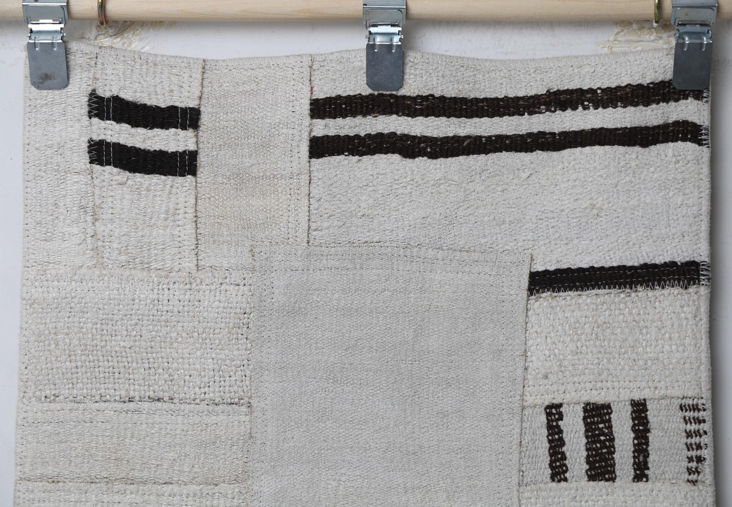 1'11 x 7'10 Vintage Turkish Hemp Patchwork Runner Rug, Black White Minimal Long Hallway Rug