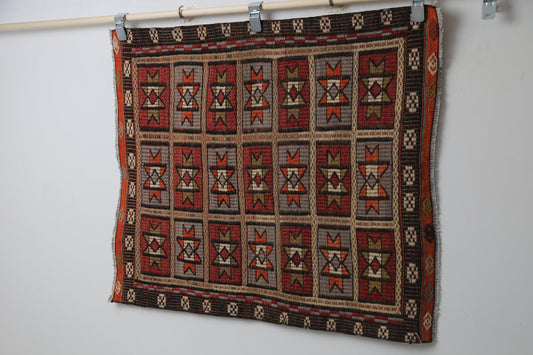 Vintage Turkish Kilim Rug, Handwoven Wool Flatweave Doormat, Red Multicolor Oriental (2'11" x 3'5")
