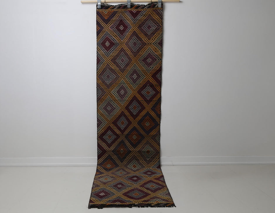 Vintage Turkish Kilim Runner Rug, orange geometric full view