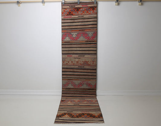 Vintage Turkish Kilim Runner Rug, Handmade Wool Striped Hallway Carpet