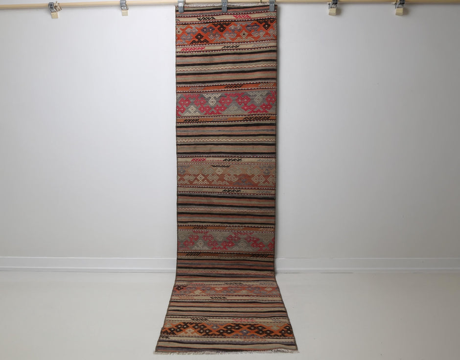 Vintage Turkish Kilim Runner Rug, warm tone striped full view