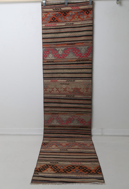 Vintage Turkish Kilim Runner Rug, Handmade Wool Striped Hallway Carpet