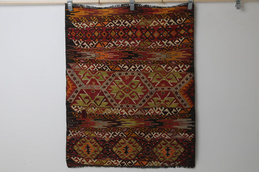 3'3 x 4'2 Vintage Turkish Kilim Rug, Handmade Wool Multicolor Tribal Flatweave Area Rug