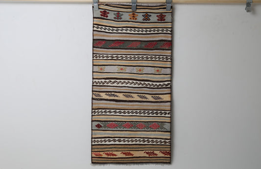 1'10" x 3'9" Vintage Turkish Kilim Runner, multicolor striped full view