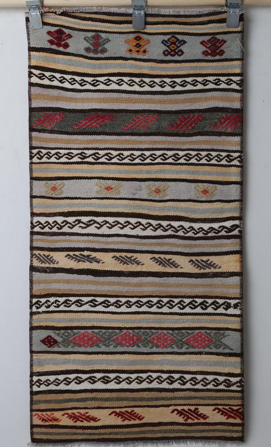 1'10 x 3'9 Vintage Turkish Kilim Runner, Handmade Wool Multicolor Striped Tribal Rug