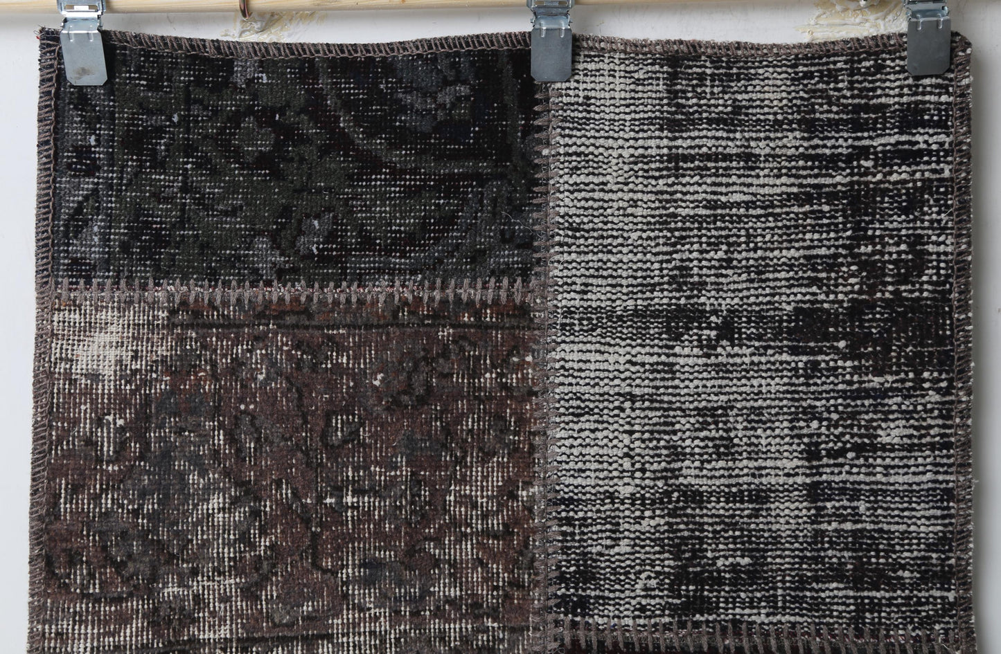 Vintage Patchwork Doormat Rug, Handmade Wool Cotton Black Brown Distressed Entry Rug