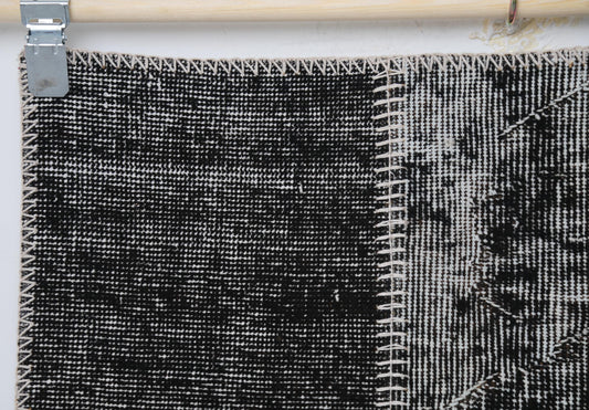 3'11 x 6'1 Vintage Turkish Patchwork Rug, Black Brown Wool Cotton Area Rug