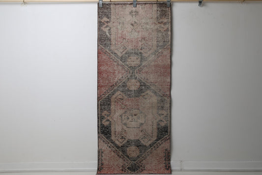 Vintage Turkish Runner Rug, Handmade Wool Cotton, Orange Beige Black Hallway Home