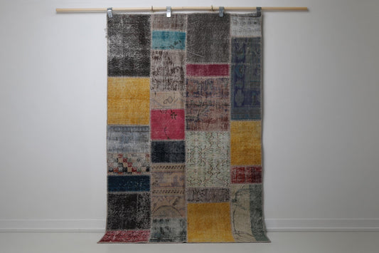 5'8 x 6'5 Vintage Turkish Patchwork Rug, Multicolor Wool Cotton Area Rug