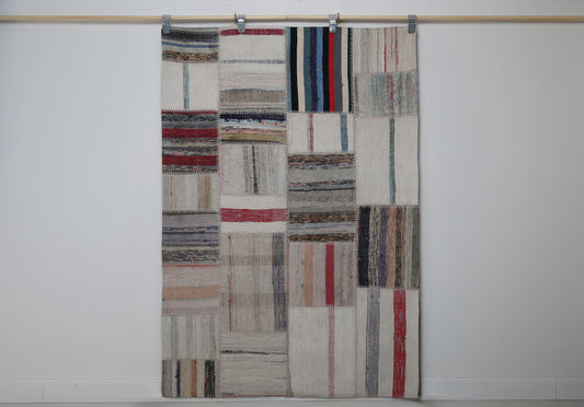 3'11 x 5'8 Vintage Turkish Kilim Patchwork Rug, Beige Multicolor Wool Cotton Area Rug
