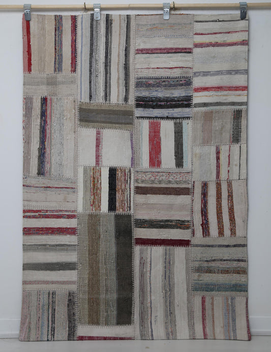 4'0 x 5'10 Vintage Turkish Kilim Patchwork Rug, Beige Multicolor Wool Cotton Area Rug